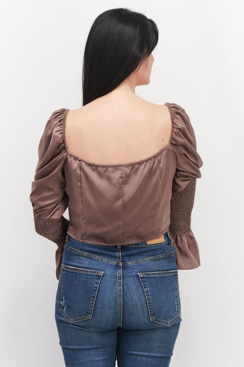 In the style Women Square Neck Puff Sleeves Plain Crop Top, Taupe - Image 3