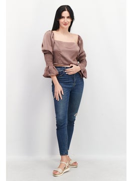 In the style Women Square Neck Puff Sleeves Plain Crop Top, Taupe  - Image 4
