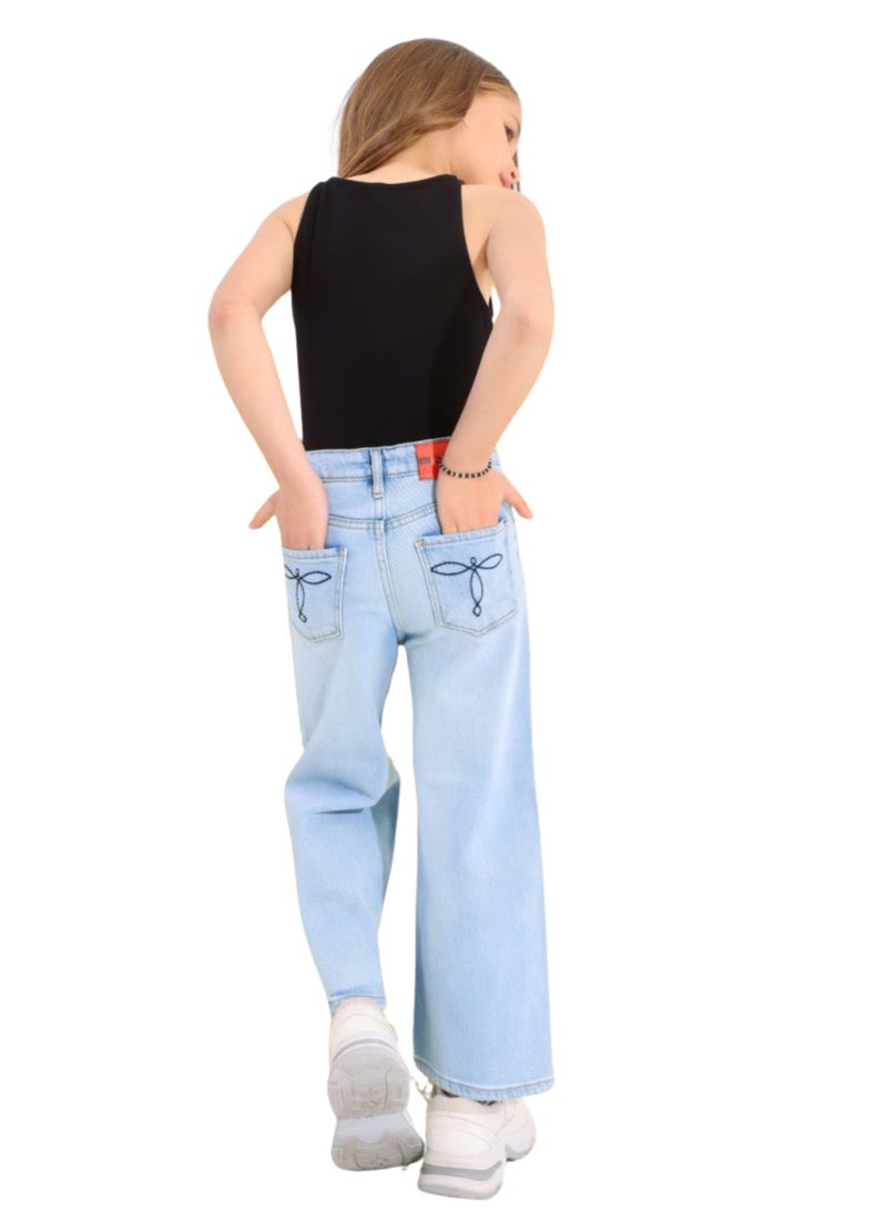JBS DENIM Girls' Ice Blue Embroidered Wide Leg Jeans  - Image 4