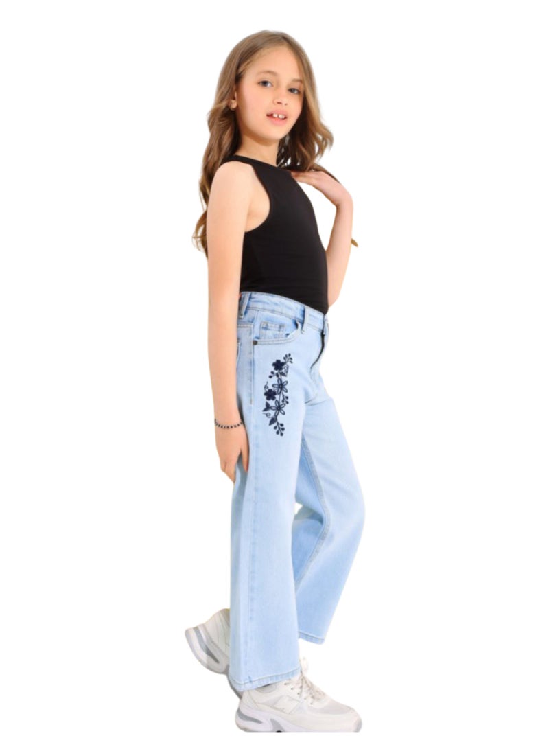 JBS DENIM Girls' Ice Blue Embroidered Wide Leg Jeans  - Image 2