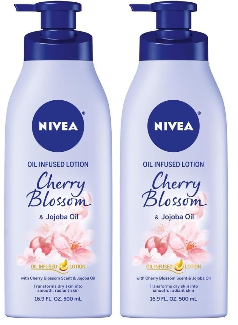 Nivea لوشن الجسم من نيفيا مع زيت الكرز وزيت الجوجوبا للنساء، سريع الامتصاص وغير دهني برائحة الكرز، يرطب لمدة 48 ساعة، 16.9 أونصة سائلة زجاجة مضخة (عبوة من 2)  - Image 1