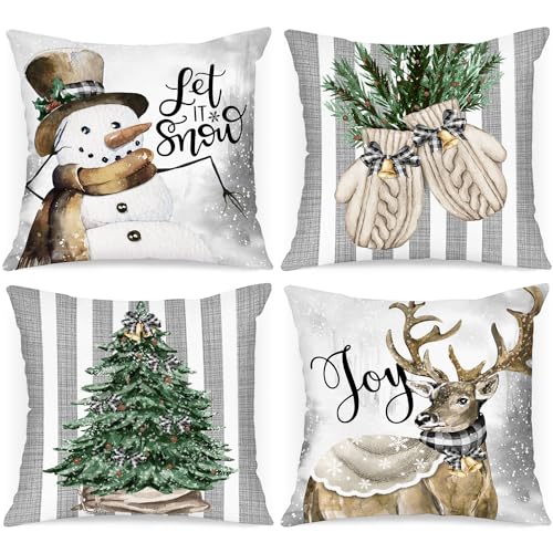 Lanpn Winter 18x18 Christmas Throw Pillow Covers Set of 4 Xmas Snowman Gloves Elk Eucalyptus Winter Decorative Holiday Pillow Case Cushion Cover 18 x 18 for Indoor Home Bedroom Sofa Couch - Image 1