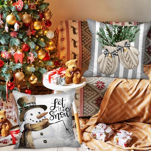 Lanpn Winter 18x18 Christmas Throw Pillow Covers Set of 4 Xmas Snowman Gloves Elk Eucalyptus Winter Decorative Holiday Pillow Case Cushion Cover 18 x 18 for Indoor Home Bedroom Sofa Couch - Image 3