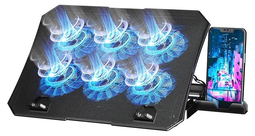ICE COOREL Laptop Cooling Pad with Phone Holder, 6 Quiet Fans for 12-18 Inch Gaming & Work Laptops, Adjustable Height Bracket, 2 USB Ports, Blue LED, Ergonomic Laptop Cooler Stand