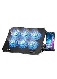 ICE COOREL Laptop Cooling Pad with Phone Holder, 6 Quiet Fans for 12-18 Inch Gaming & Work Laptops, Adjustable Height Bracket, 2 USB Ports, Blue LED, Ergonomic Laptop Cooler Stand  - Image 1