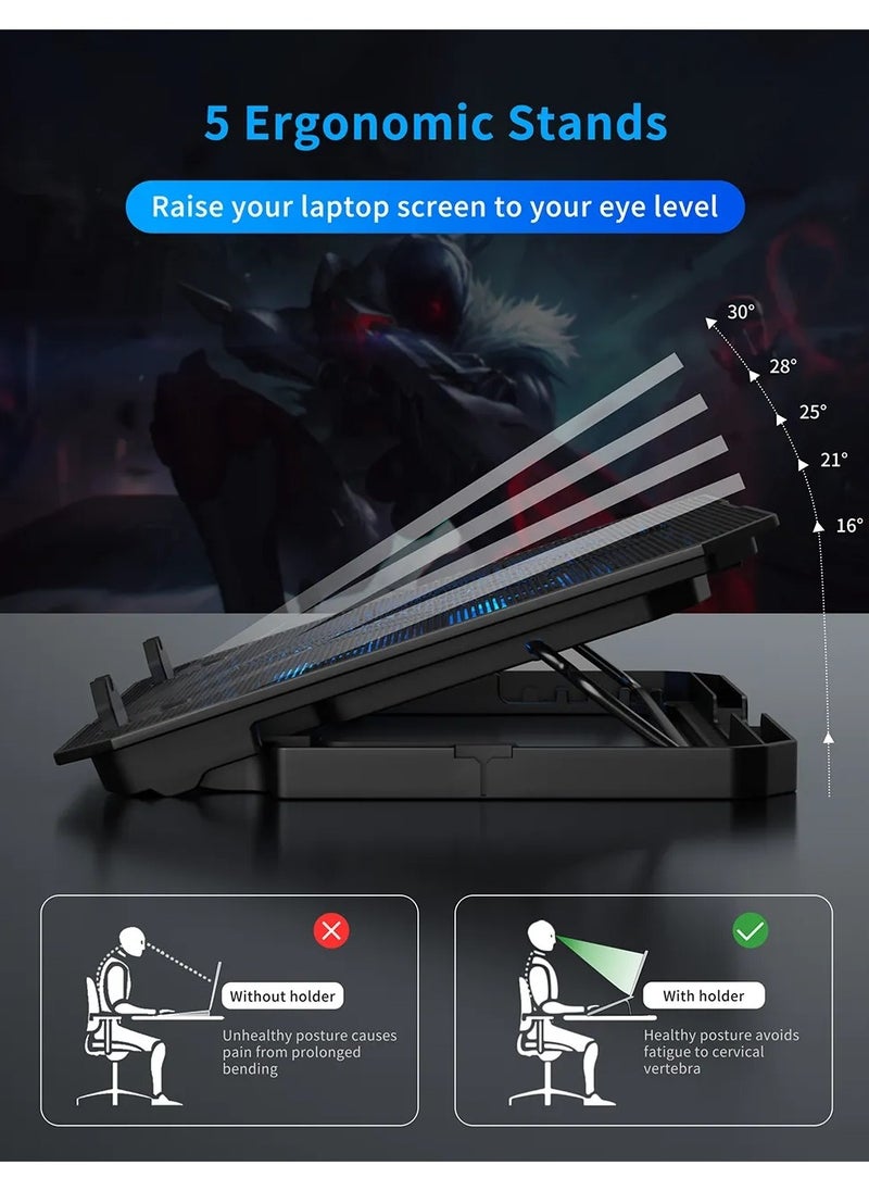 ICE COOREL Laptop Cooling Pad with Phone Holder, 6 Quiet Fans for 12-18 Inch Gaming & Work Laptops, Adjustable Height Bracket, 2 USB Ports, Blue LED, Ergonomic Laptop Cooler Stand  - Image 3