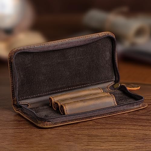 Lanxivi Vintage Leather Fountain Pen Case 3 Divided Slots, Zippered Pen Case Pouch, Handmade Display Holder for Rollerball Pen - Image 4