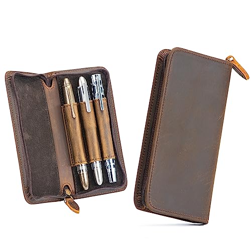 Lanxivi Vintage Leather Fountain Pen Case 3 Divided Slots, Zippered Pen Case Pouch, Handmade Display Holder for Rollerball Pen - Image 2