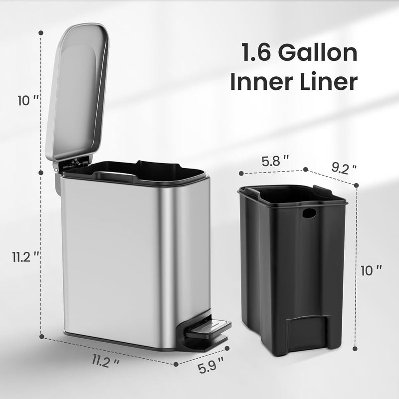 Cesun Small Bathroom Trash Can with Lid Soft Close, Step Pedal, 6 Liter / 1.6 Gallon Stainless Steel Garbage Can with Removable Inner Bucket, Anti-Fingerprint Finish (Silver) - Image 5