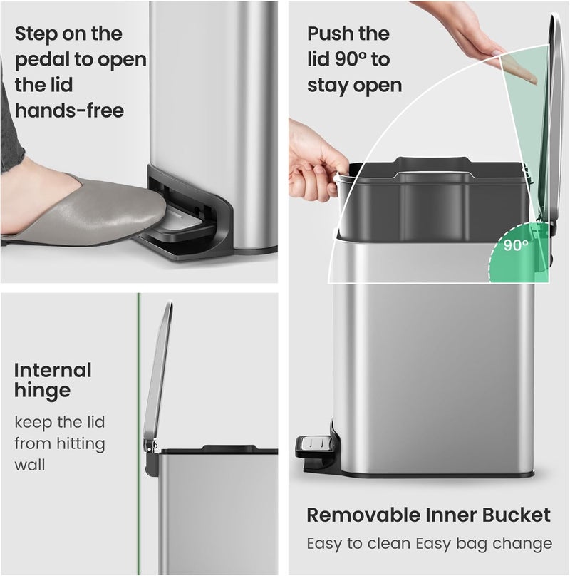 Cesun Small Bathroom Trash Can with Lid Soft Close, Step Pedal, 6 Liter / 1.6 Gallon Stainless Steel Garbage Can with Removable Inner Bucket, Anti-Fingerprint Finish (Silver) - Image 4