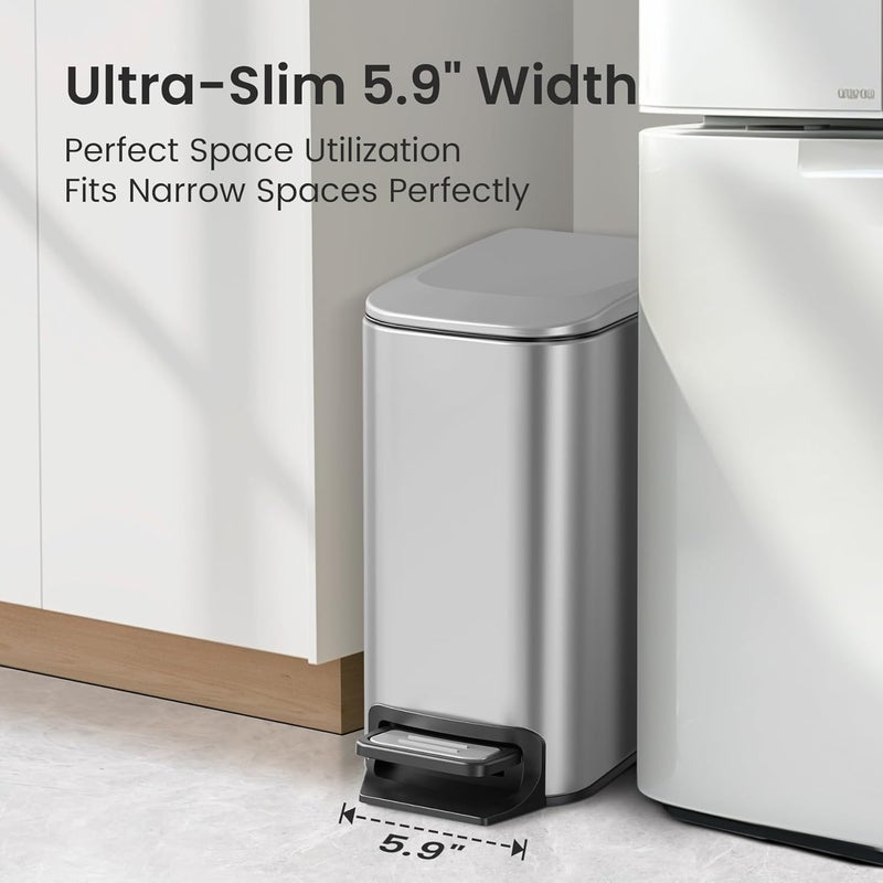 Cesun Small Bathroom Trash Can with Lid Soft Close, Step Pedal, 6 Liter / 1.6 Gallon Stainless Steel Garbage Can with Removable Inner Bucket, Anti-Fingerprint Finish (Silver) - Image 2