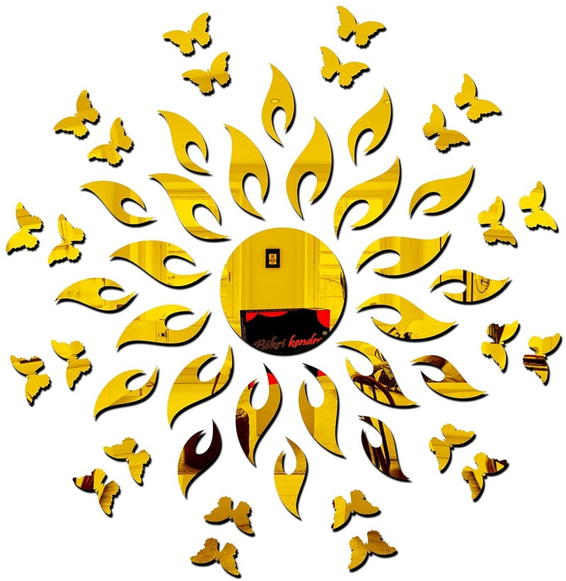 Bikri Kendra Bikri Kendra Sun Golden with 20 Butterfly Golden Decorative Mirror Stickers for Wall Wall Mirror Stickers 3D Acrylic Stickers Wall Stickers for Hall Room Bed Room Kitchen Living Room 