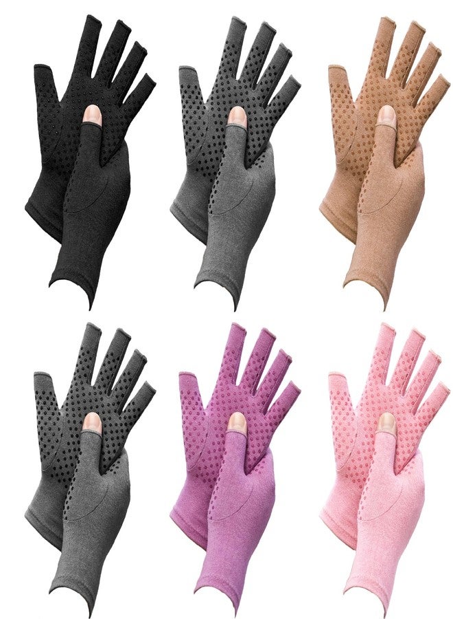 Beieverluck 6 Pairs Arthritis Compression Gloves Non-slip Glue Dot Gloves Men and Women Fingerless Gloves, Small - Image 1