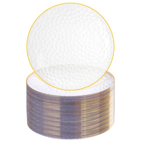 Rubtlamp 100 Pcs Clear Gold Plastic Plates, Hammered Party Plates, Clear Disposable Dessert Platos,Clear Gold Platos 7 Inch, Heavy duty Gold Plastic Dessert Platos Disposable For All Occasions - Image 1