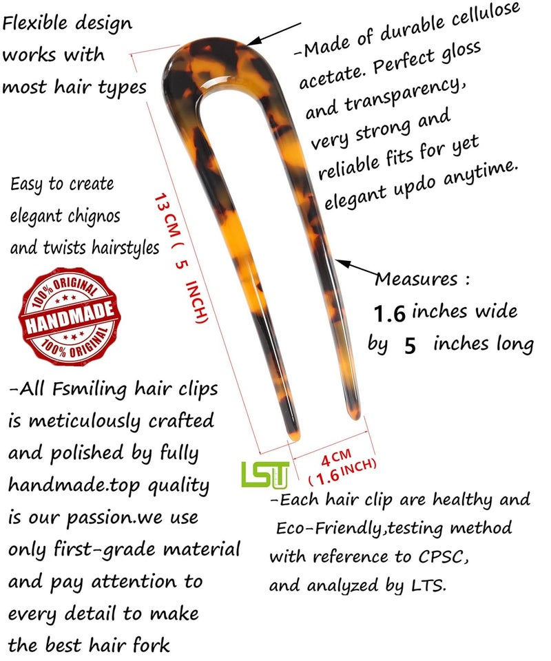 Fsmiling French Hair Pins Tortoise Shell U Shaped 2 Prong Hair Sticks Acetate Chignon Pin for Women Hairstyle Accessories 2 Pack - Image 3