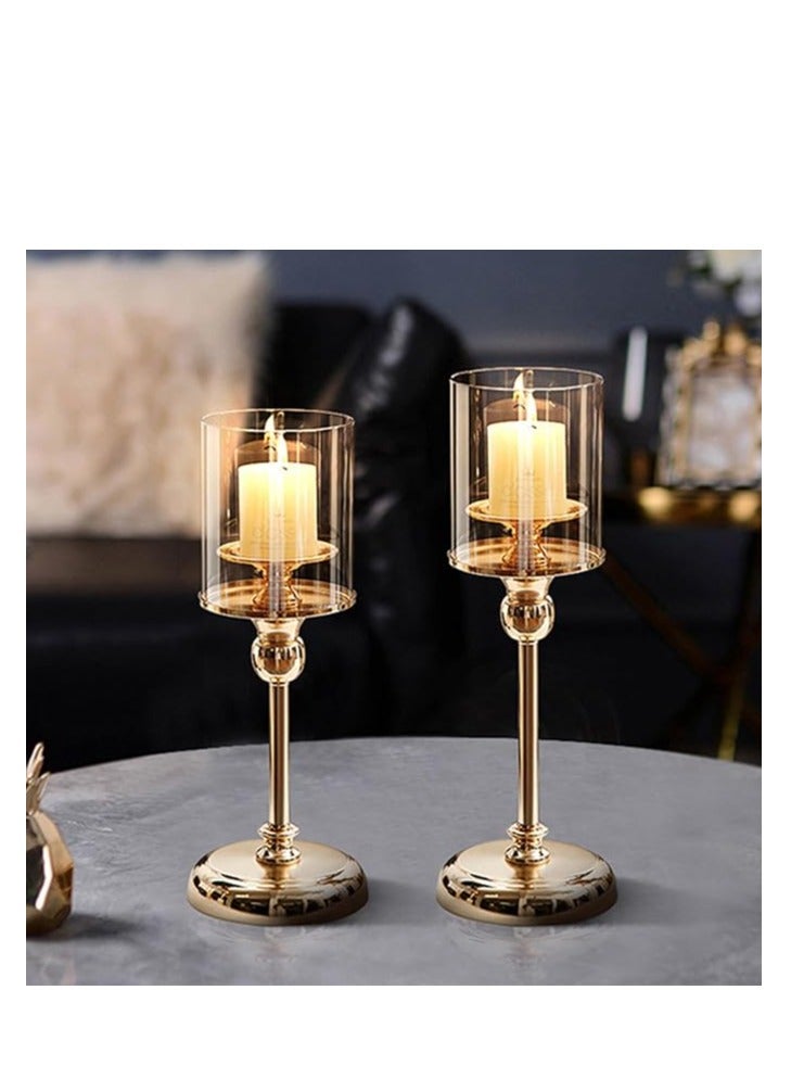 Gold Candlestick Holder Set – 3-Piece Hurricane Candle Stand with Glass Cover, Elegant Pillar Holders for Wedding, Party, and Home Décor, Decorative Candle Stands for Table Centerpieces, Special Occasions, and Romantic Atmosphere