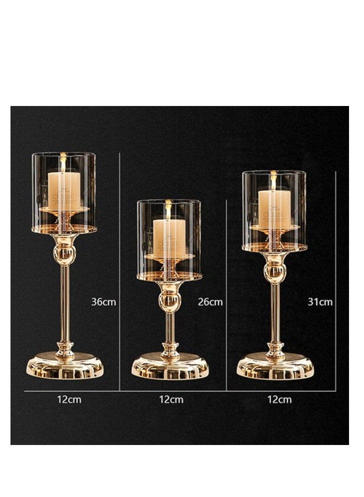 Gold Candlestick Holder Set – 3-Piece Hurricane Candle Stand with Glass Cover, Elegant Pillar Holders for Wedding, Party, and Home Décor, Decorative Candle Stands for Table Centerpieces, Special Occasions, and Romantic Atmosphere