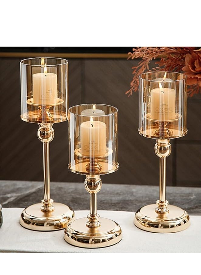 Gold Candlestick Holder Set – 3-Piece Hurricane Candle Stand with Glass Cover, Elegant Pillar Holders for Wedding, Party, and Home Décor, Decorative Candle Stands for Table Centerpieces, Special Occasions, and Romantic Atmosphere