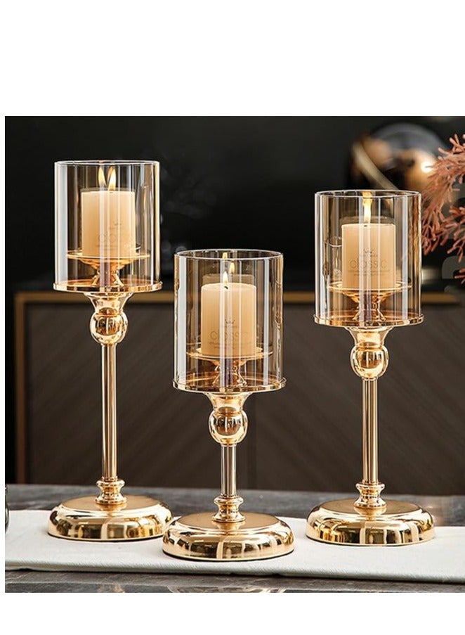 Gold Candlestick Holder Set – 3-Piece Hurricane Candle Stand with Glass Cover, Elegant Pillar Holders for Wedding, Party, and Home Décor, Decorative Candle Stands for Table Centerpieces, Special Occasions, and Romantic Atmosphere