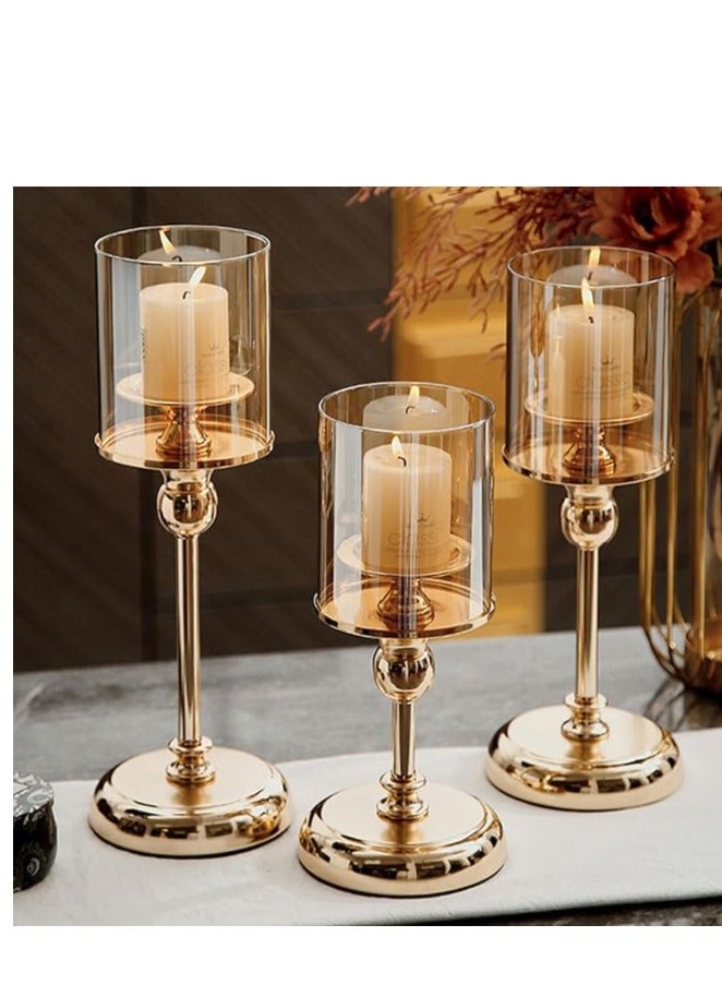 Gold Candlestick Holder Set – 3-Piece Hurricane Candle Stand with Glass Cover, Elegant Pillar Holders for Wedding, Party, and Home Décor, Decorative Candle Stands for Table Centerpieces, Special Occasions, and Romantic Atmosphere