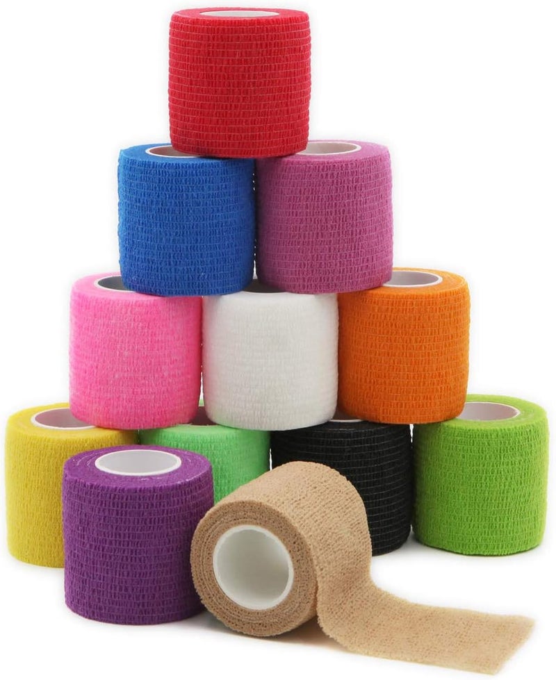 First Aid Self Adherent Cohesive Bandages, First Aid Tape Cohesive Wrap Bandage, Colorful Bandages(2 inches x 5 Yards,12 Packs,Colorful)