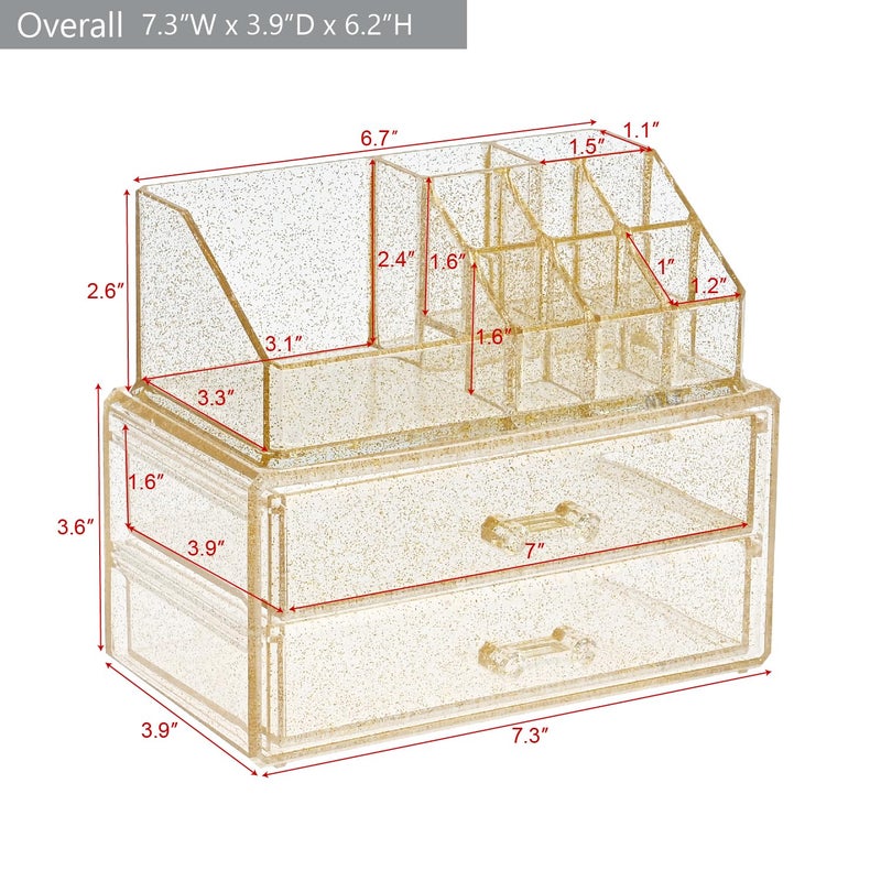 Ikee Design Acrylic Makeup Organizer with 2 Drawers Removable Top Lipstick Holders, Cosmetics Organizer for Skincare, Accessories, Lip Gloss for Vanity or Bathroom Countertop, Gold Glitter - Image 2