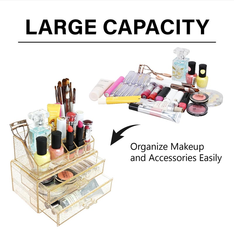 Ikee Design Acrylic Makeup Organizer with 2 Drawers Removable Top Lipstick Holders, Cosmetics Organizer for Skincare, Accessories, Lip Gloss for Vanity or Bathroom Countertop, Gold Glitter - Image 5