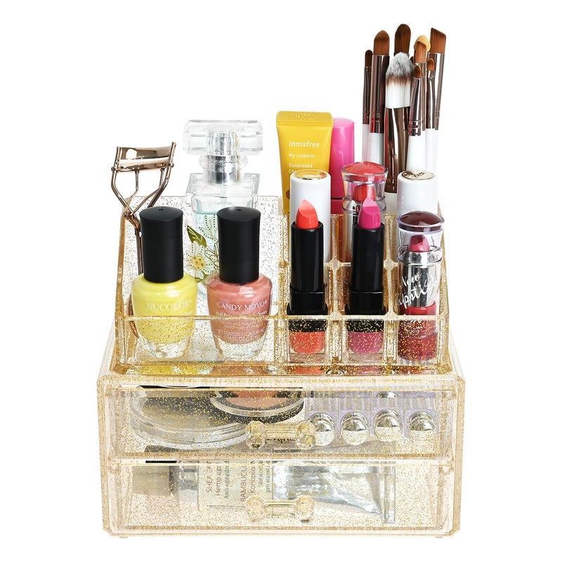 Ikee Design Acrylic Makeup Organizer with 2 Drawers Removable Top Lipstick Holders, Cosmetics Organizer for Skincare, Accessories, Lip Gloss for Vanity or Bathroom Countertop, Gold Glitter - Image 3