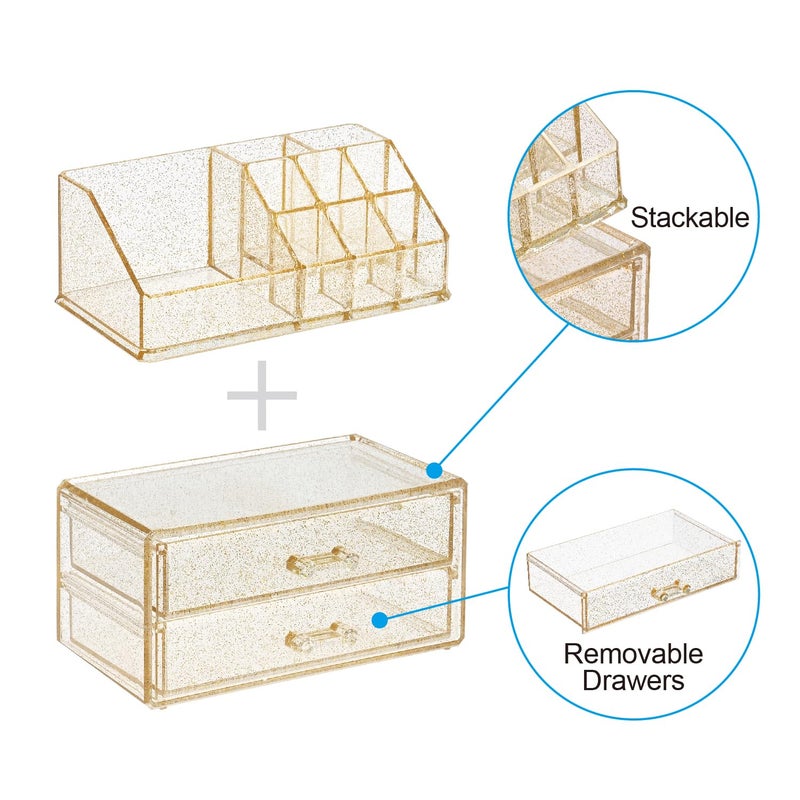 Ikee Design Acrylic Makeup Organizer with 2 Drawers Removable Top Lipstick Holders, Cosmetics Organizer for Skincare, Accessories, Lip Gloss for Vanity or Bathroom Countertop, Gold Glitter - Image 4