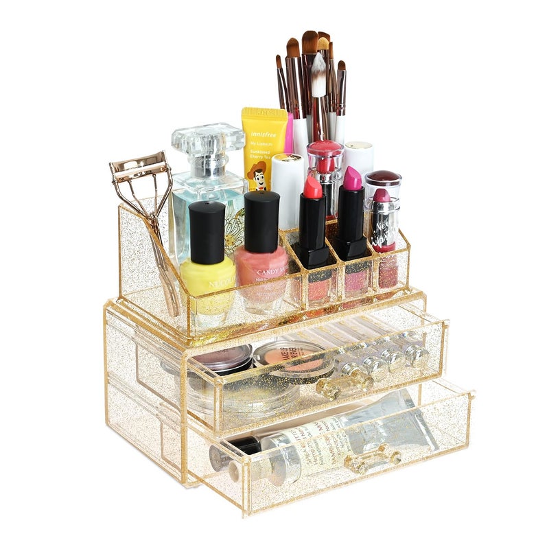 Ikee Design Acrylic Makeup Organizer with 2 Drawers Removable Top Lipstick Holders, Cosmetics Organizer for Skincare, Accessories, Lip Gloss for Vanity or Bathroom Countertop, Gold Glitter - Image 1