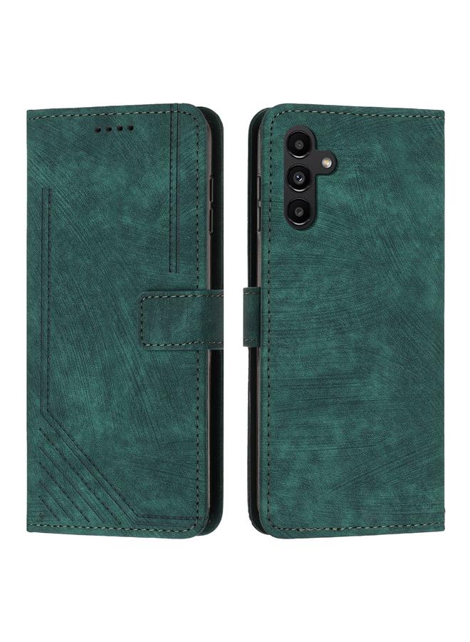 Green Tiger For Samsung Galaxy A55 Skin Feel Stripe Pattern Leather Phone Case with Long Lanyard(Green)