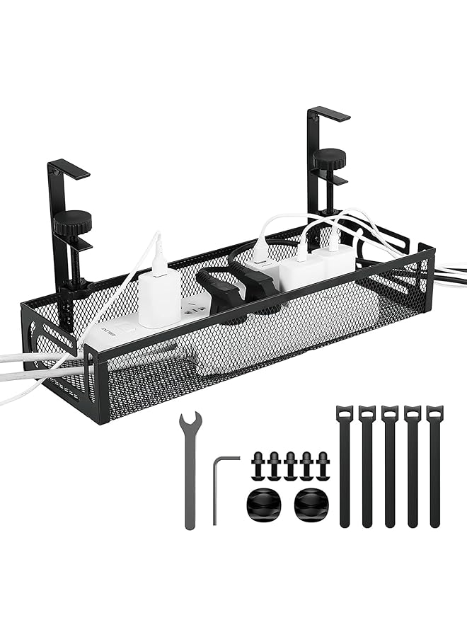 PROMASS promass Under Desk Cable Management Tray, Cable Organizer Box for Desk Storage, No Drill, Large Capacity Cord Organizer for Office, Home, and Gaming Setup （Black）  - Image 1
