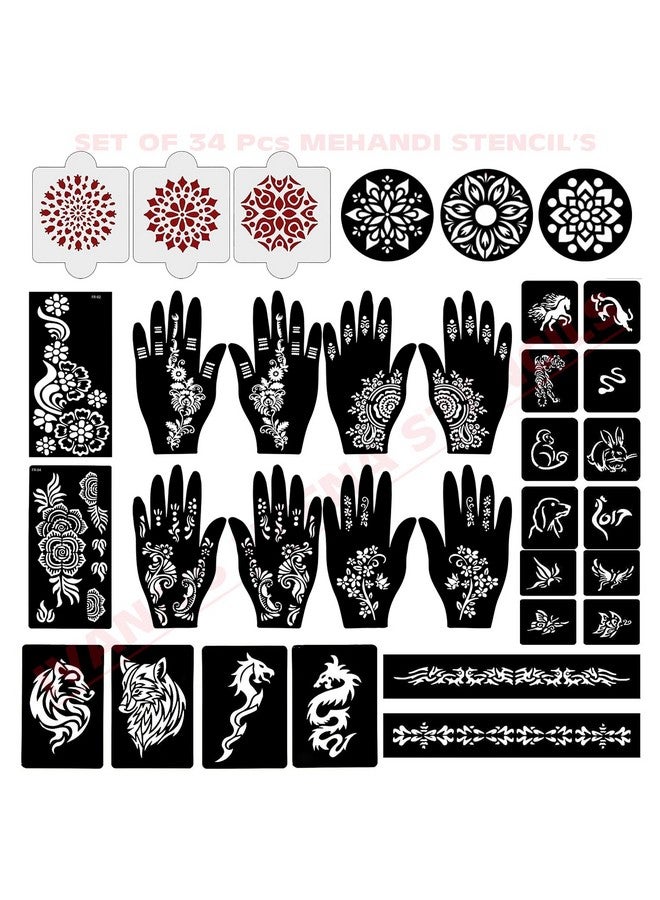 إيفاناز مجموعة إيفانا المكونة من 34 قطعة من قوالب الحناء القابلة لإعادة الاستخدام لليدين والمعصم والجسم والظهر والرقبة والوجه، مجموعة قوالب للنساء والفتيات والأطفال، سهلة الاستخدام في 4 خطوات فقط، مجموعة التصميم الهندي، A2054 - Image 1