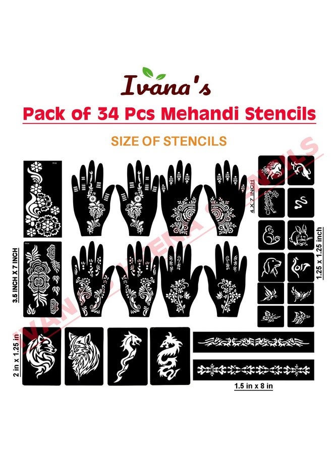 إيفاناز مجموعة إيفانا المكونة من 34 قطعة من قوالب الحناء القابلة لإعادة الاستخدام لليدين والمعصم والجسم والظهر والرقبة والوجه، مجموعة قوالب للنساء والفتيات والأطفال، سهلة الاستخدام في 4 خطوات فقط، مجموعة التصميم الهندي، A2054 - Image 4