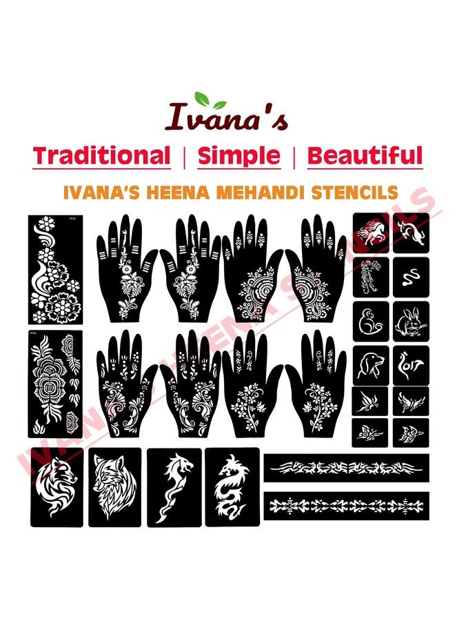 إيفاناز مجموعة إيفانا المكونة من 34 قطعة من قوالب الحناء القابلة لإعادة الاستخدام لليدين والمعصم والجسم والظهر والرقبة والوجه، مجموعة قوالب للنساء والفتيات والأطفال، سهلة الاستخدام في 4 خطوات فقط، مجموعة التصميم الهندي، A2054 - Image 5