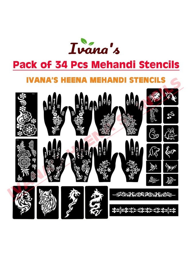 إيفاناز مجموعة إيفانا المكونة من 34 قطعة من قوالب الحناء القابلة لإعادة الاستخدام لليدين والمعصم والجسم والظهر والرقبة والوجه، مجموعة قوالب للنساء والفتيات والأطفال، سهلة الاستخدام في 4 خطوات فقط، مجموعة التصميم الهندي، A2054 - Image 3