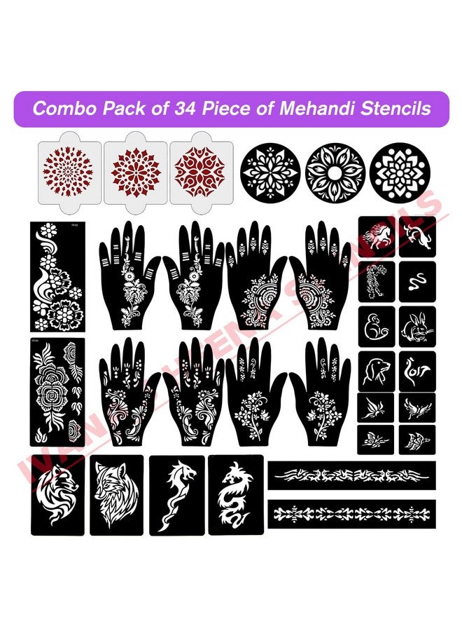 إيفاناز مجموعة إيفانا المكونة من 34 قطعة من قوالب الحناء القابلة لإعادة الاستخدام لليدين والمعصم والجسم والظهر والرقبة والوجه، مجموعة قوالب للنساء والفتيات والأطفال، سهلة الاستخدام في 4 خطوات فقط، مجموعة التصميم الهندي، A2054 - Image 2