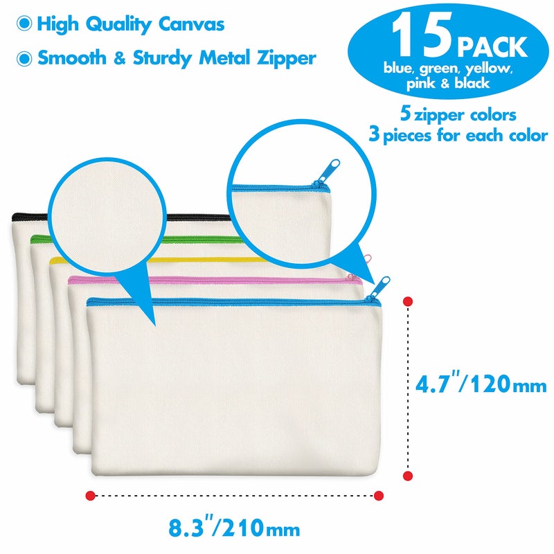 Vantasii 15 Pieces Canvas Colorful Zipper Bags, DIY Craft Bags Travel Canvas Makeup Pouches for Cosmetic Toiletry Stationery Storage (Beige, 8.3â€ x 4.7â€) â€¦ - Image 3