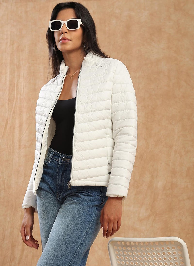 Globus Women White Mock Neck Front Zip 2 Pockets Winter Wear Insulator Puffer Jacket - Image 1