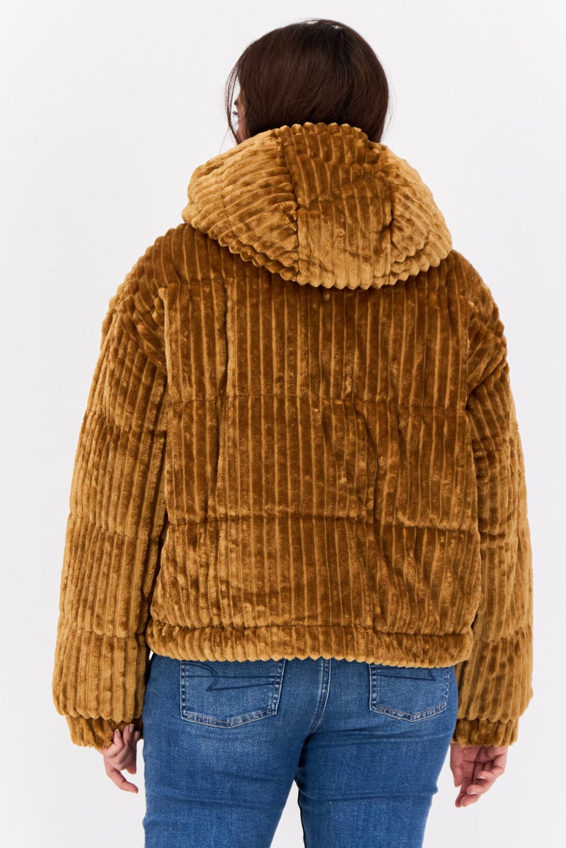American Eagle Women Ripped Puffer Jacket, Tan - Image 3