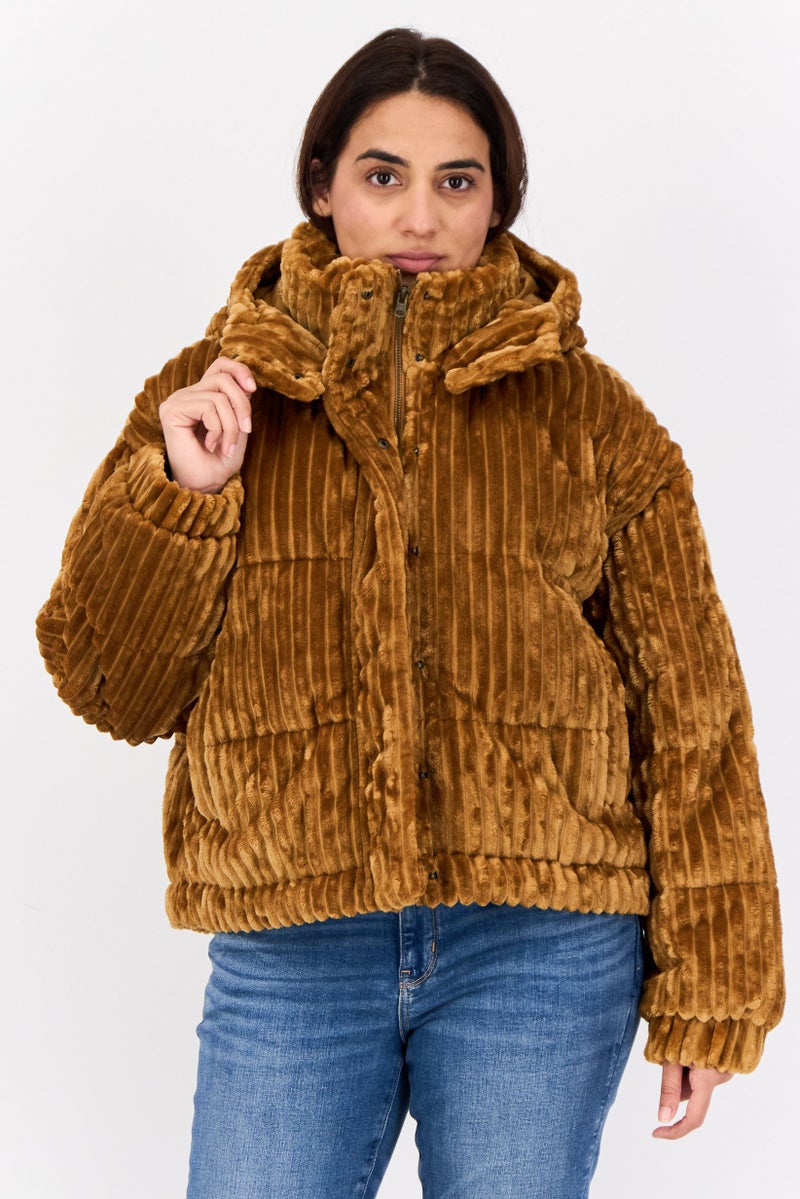 American Eagle Women Ripped Puffer Jacket, Tan - Image 1