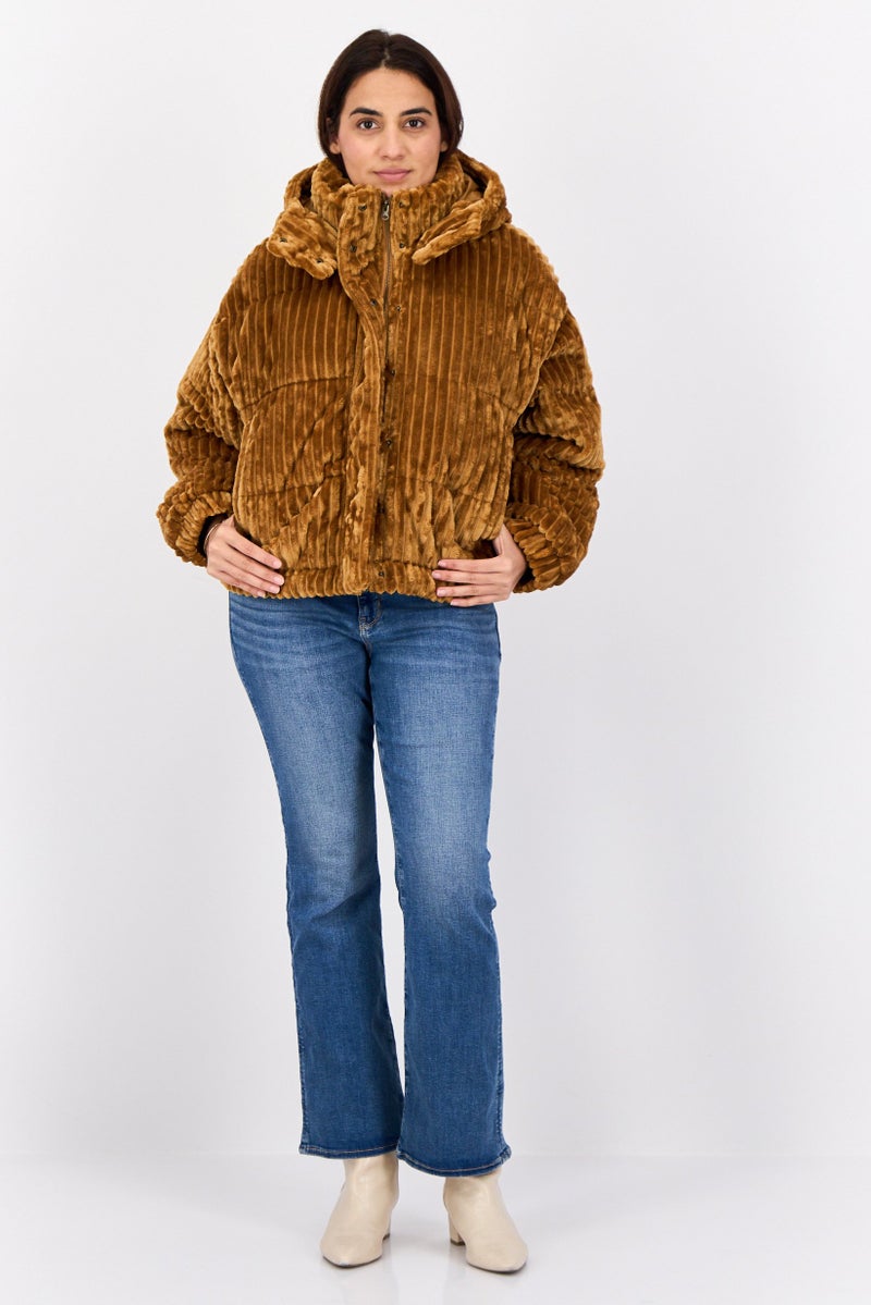 American Eagle Women Ripped Puffer Jacket, Tan - Image 4