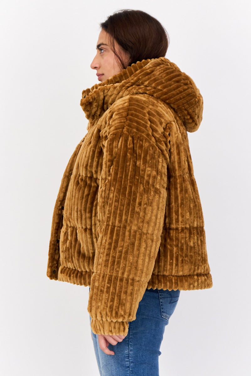 American Eagle Women Ripped Puffer Jacket, Tan - Image 2