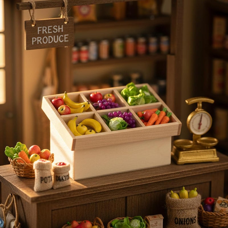 Cutemini Dollhouse Accessories 1:12 Scale Fruite Vegetable Rack Food Display Doll Furniture Grocery Store Playset Miniature Furniture Dollhouse Decoration Ornament (Wood) - Image 3