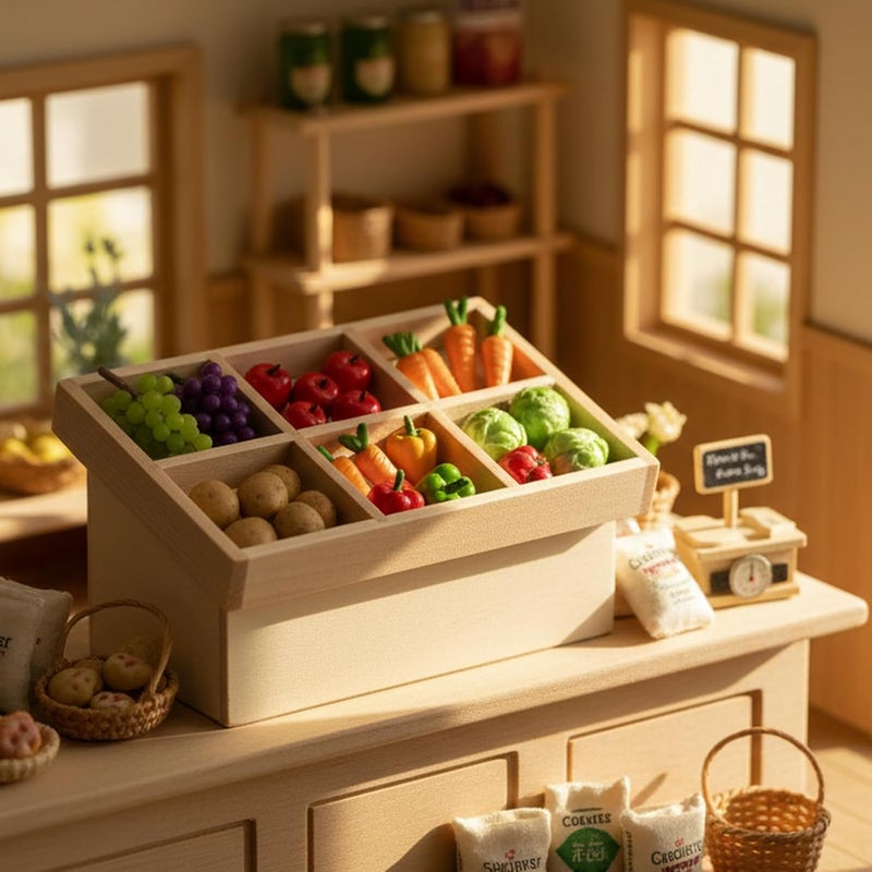 Cutemini Dollhouse Accessories 1:12 Scale Fruite Vegetable Rack Food Display Doll Furniture Grocery Store Playset Miniature Furniture Dollhouse Decoration Ornament (Wood) - Image 2