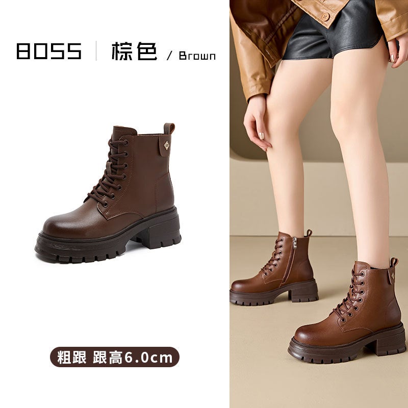 Thick-Soled High-Heeled Leather Martin Boots Women'S Summer Joker British Round Head Short Boots Black Thick Heel Color Thin Boots - Image 1