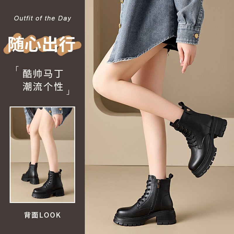 Thick-Soled High-Heeled Leather Martin Boots Women'S Summer Joker British Round Head Short Boots Black Thick Heel Color Thin Boots - Image 3