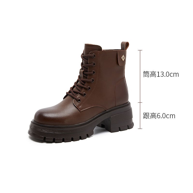 Thick-Soled High-Heeled Leather Martin Boots Women'S Summer Joker British Round Head Short Boots Black Thick Heel Color Thin Boots - Image 5