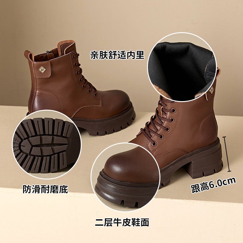 Thick-Soled High-Heeled Leather Martin Boots Women'S Summer Joker British Round Head Short Boots Black Thick Heel Color Thin Boots - Image 4