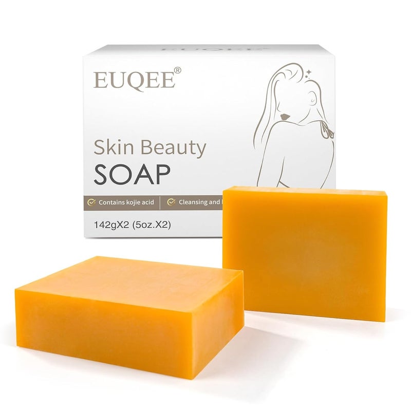 EUQEE Turmeric Kojic Acid Soap 5 oz Soap Bars with Glycerin Vitamin C Collagen Retinol Coconut Oil  Tea Tree Oil for Skin Beauty Reduce Dark Spot Smooth Skin with a Foaming Net  142g x 2 Bars